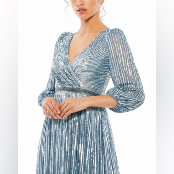 Mac Duggal NWT Sequin Wrap Over 3/4 Sleeve Slate Blue Dress 5509 size 18 - Picture 2 of 10